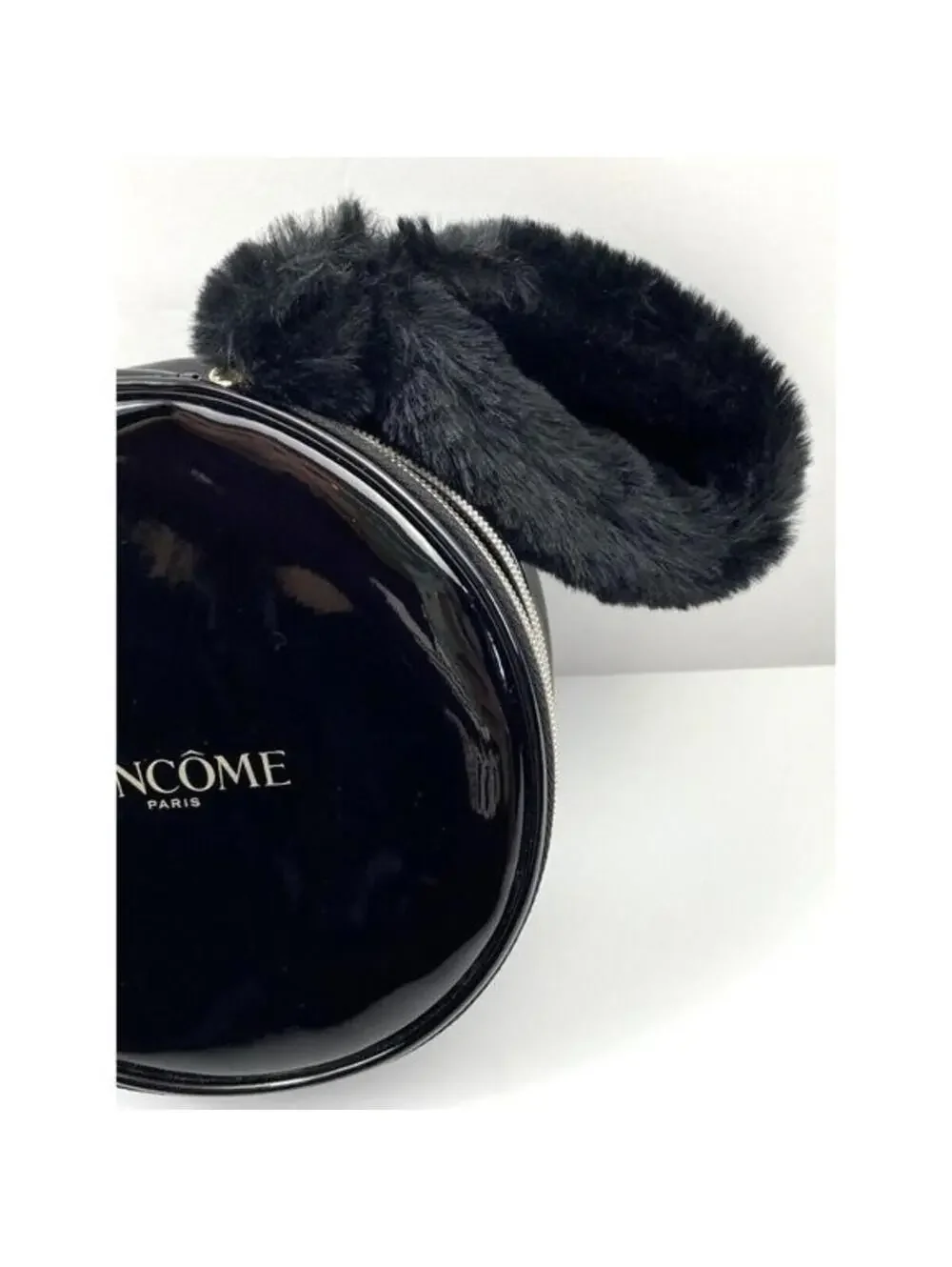 Lancome Paris Makeup Bag Black Circular Makeup Travel Carrier Case Fur Wristlet